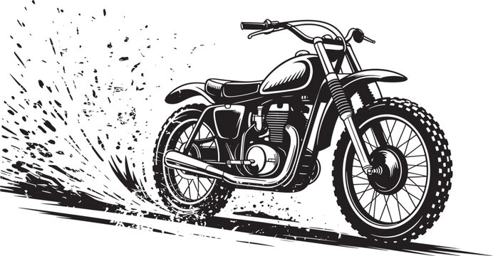 Motorbike Silhouette Vector Side View Black Distressed Texture Grungy Style Offroad Vehicle With Splash Mud Dirt Paint Splatter Effect