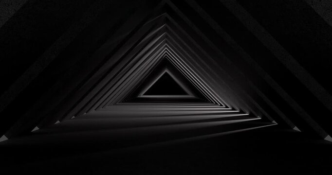 Concept art for a light animation in a dark, abstract geometric triangular tunnel