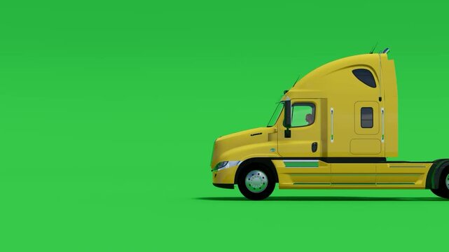 Yellow Semi Truck Cab Side View on Green Screen