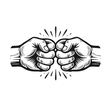 Two clenched fists punching together in a black and white illustration with motion lines, symbolizing conflict, strength, and power.