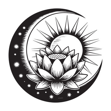 Sacred lotus bloom amidst celestial moon and sun, symbolizing spiritual balance, daily enlightenment, and peaceful harmony