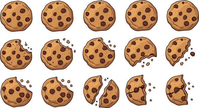 Colorful Chocolate Chip Cookie Whole and Bitten Collection Vector Set with Crumbs on White Background