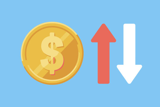 Illustration showing currency coin with upward and downward arrows