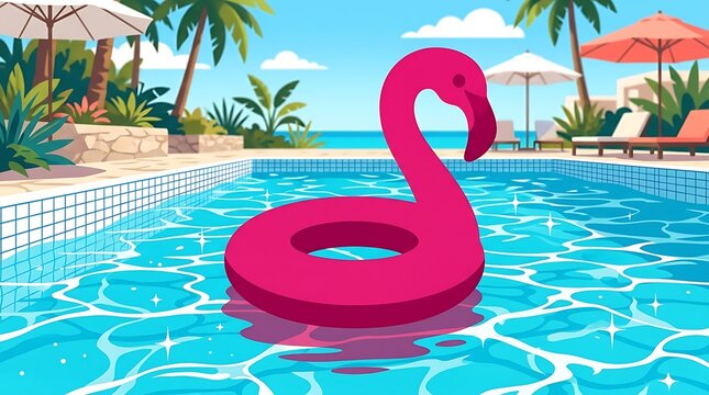 Pink Flamingo Inflatable Floating in Swimming Pool