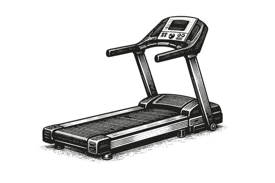 Black and white illustration of a modern electronic treadmill for fitness and exercise at home or gym