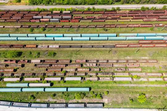 Aerial view of a railway transport hub with freight wagons