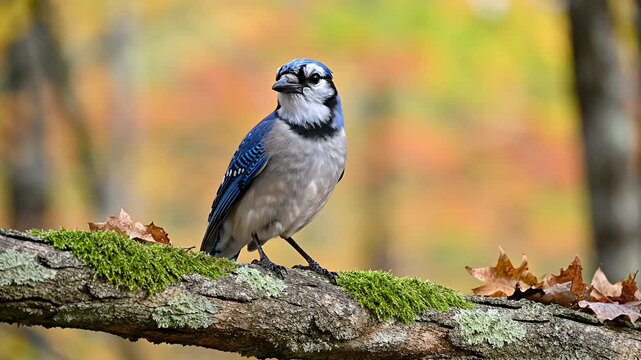 Blue jay perched on branch with autumnal foliage blurred background