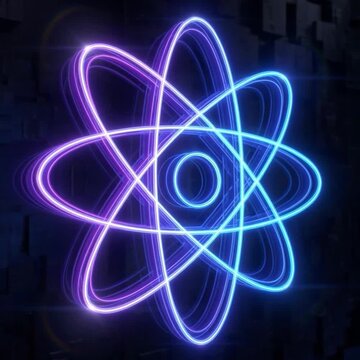 Abstract science motion graphics featuring glowing neon atomic structure with rotating blue and purple orbits against dark technological wall.