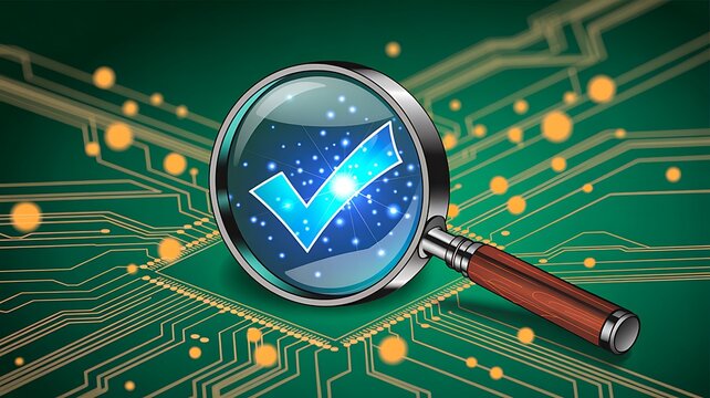 Magnifying glass focusing on check mark representing data validation and digital security concept