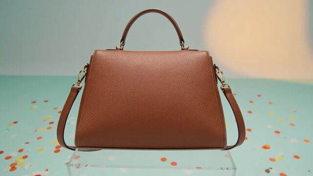 Brown leather handbag standing on clear pedestal surrounded by floating confetti pieces against light blue studio backdrop cinematic video clip.