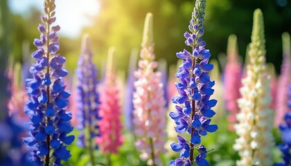 Obraz premium Field of colorful lupine flowers in bloom. Tall flower spikes in blue pink white and purple hues grow in a sunny garden during summer season.