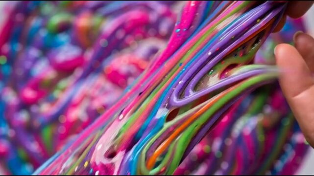 Hands manipulating colorful slime, stretching and squeezing glossy texture