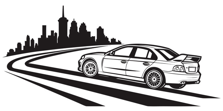 Sports sedan with spoiler driving on a winding road towards city silhouette sports car driving experience road trip car travel urban commute sporty car transport automotive