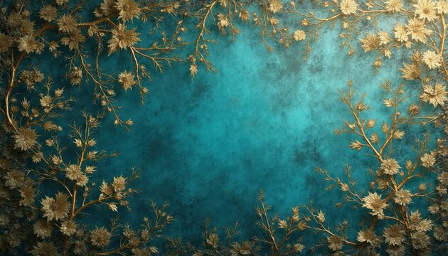 Gold branches with flowers frame a textured turquoise background. Intricate floral pattern on teal surface. Elegant design detail for decor.