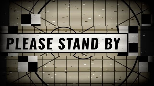 Please Stand By Retro Television Test Pattern with Analog Glitch Distortion for Broadcast Signal Error and Vintage Media Backgrounds