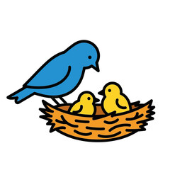 Fototapeta premium Blue mother bird tending to two yellow chicks in a brown nest, isolated on a black background.