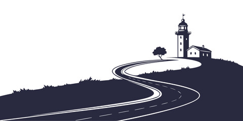 Winding road leads to a lighthouse on a hill with a single tree lighthouse destination navigation guidance transport building architecture landscape signpost direction © Mamun