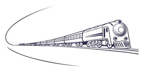 Sleek express train with many carriages speeding along the tracks dynamic perspective public transportation line art long distance transport passenger locomotive carriages © Mamun
