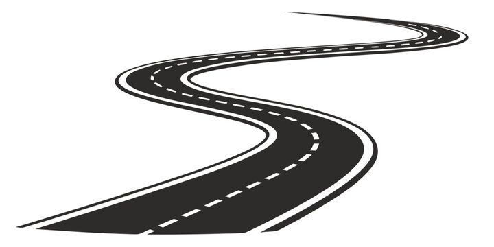 Winding asphalt road with dashed white lines stretching into the distance transportation direction destination perspective illustration outdoors landscape minimalist