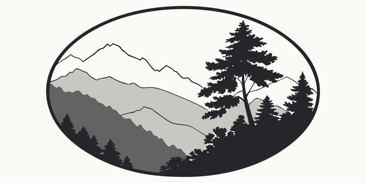 Oval silhouette graphic of mountain range with pine trees and lone tree mountains silhouette landscape wilderness background vacation excursion exploration serenity