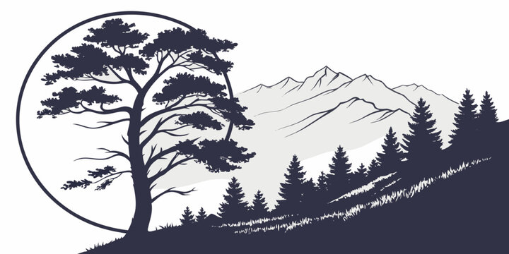 Circular silhouette graphic of tree with mountain range background pine tree silhouette mountains landscape wilderness background vacation excursion exploration serenity