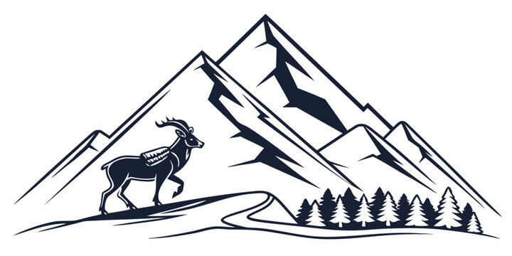 Ram with saddle walking on mountain path with pine trees and mountains graphic design mountains landscape illustration silhouette outdoors wilderness adventure mountain