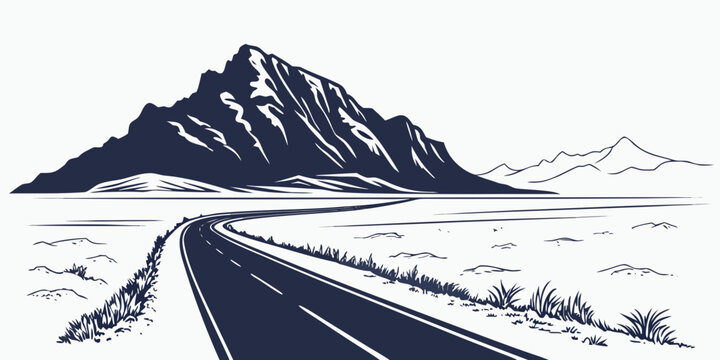 Asphalt road curving through a barren landscape towards a large mountain range graphic illustration mountains landscape transport adventure illustration silhouette outdoors