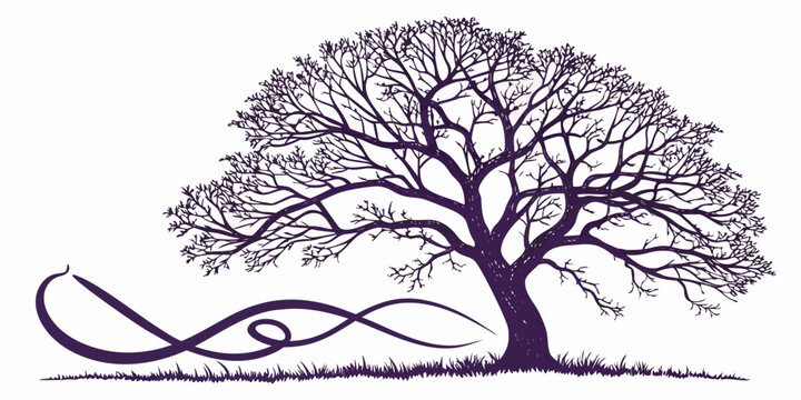 Bare deciduous tree silhouette with intricate branches and elegant decorative flourish on a grassy ground graphic illustration leafless branches silhouette illustration