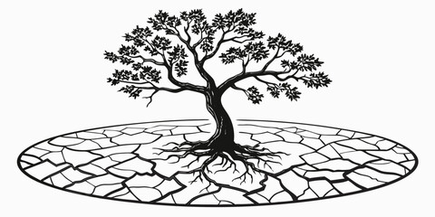 Fototapeta premium Stylized tree with exposed roots on dry cracked ground illustrating drought and desertification cracked earth climate change water scarcity soil erosion ecological crisis