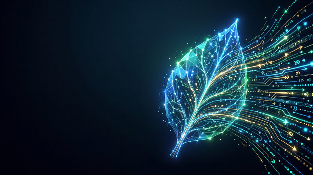 A glowing digital leaf made of network nodes and lines disintegrates into streams of light against a dark background.