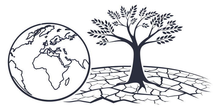 Stylized graphic illustration of earth globe with a tree growing from dry cracked land symbolizing global drought and environmental crisis environment desertification ecosystem