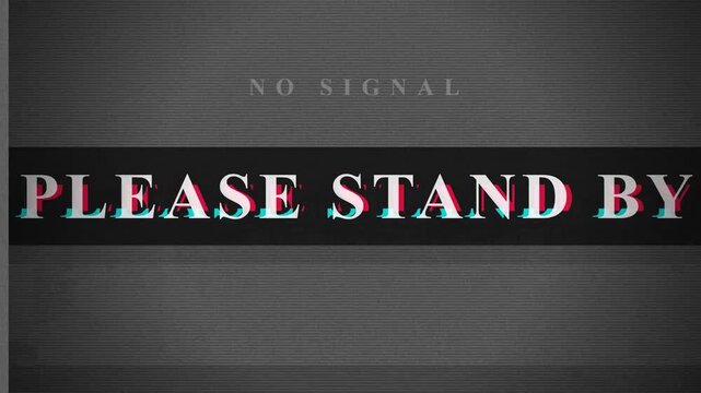 Please Stand By Screen Test Pattern with Analog Glitch Distortion and No Signal Message for Broadcast Error Simulation