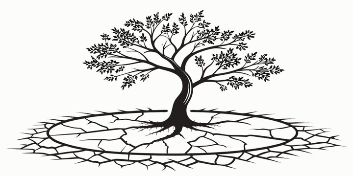 Stylized graphic of a tree with roots contained within a circle of dry cracked earth representing environmental drought and resilience environment resilience desertification