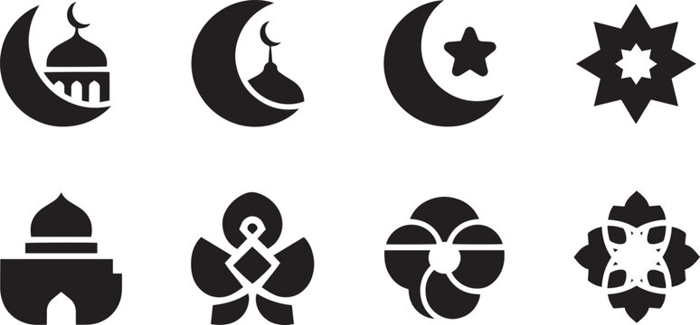 Islamic and Ramadan Icons Set Mosque and Crescent Moon Vector Illustration