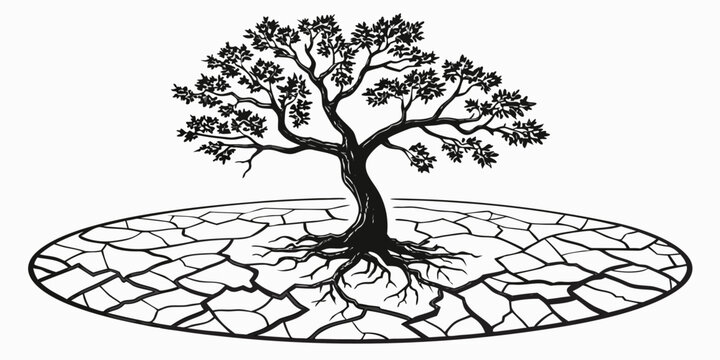 Stylized tree with exposed roots on dry cracked ground illustrating drought and desertification cracked earth climate change water scarcity soil erosion ecological crisis