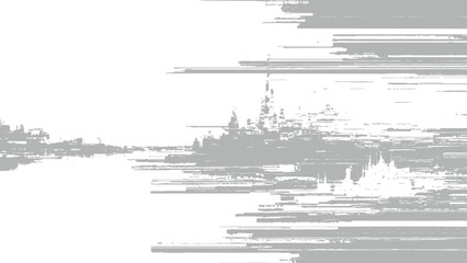 Fototapeta premium Glitchy distorted cityscape with abstract digital error effects on white background