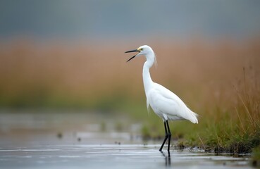 Obraz premium White egret bird stands on shallow water near grassy bank. Creature opens beak calling out in wetland habitat. Wild bird plumage is clean and white.