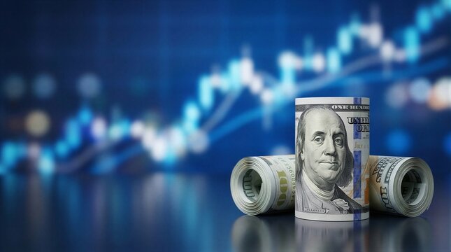 A stack of twenty dollar bills sitting on top of a reflective surface.