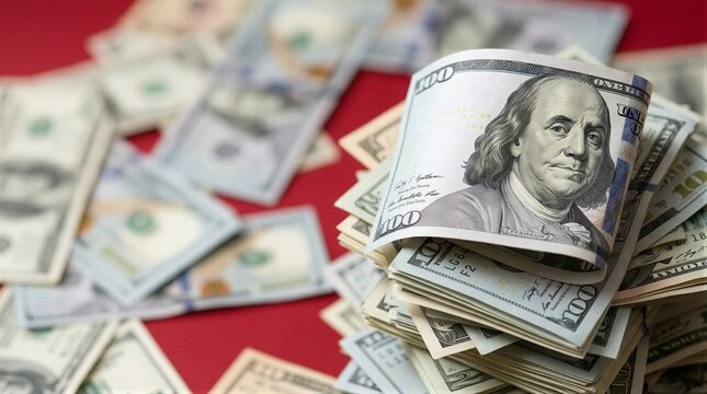 A stack of hundred dollar bills on a red table.