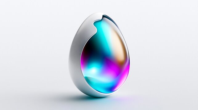 Ein gl&auml;nzendes, eif&ouml;rmiges 3D-Objekt mit buntem holografischem Schimmer auf wei&szlig;em Hintergrund.