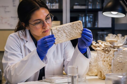 Scientist examining fungi sample in laboratory setting, focused on research and discovery.