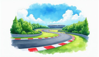 Fototapeta premium Watercolor illustration shows winding asphalt race track surrounded by green trees under blue sky with clouds. Modern building stands at edge of circuit. Vivid artwork.