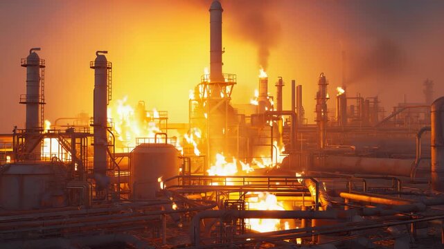 Massive industrial refinery complex at sunset or sunrise, featuring towering pipes, distillation units, and bright industrial flames suggesting raw energy production and manufacturing scale.