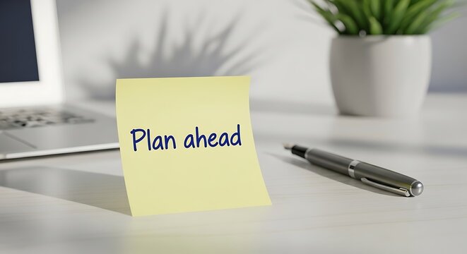 A yellow sticky note with plan ahead text on a desk with laptop and pen