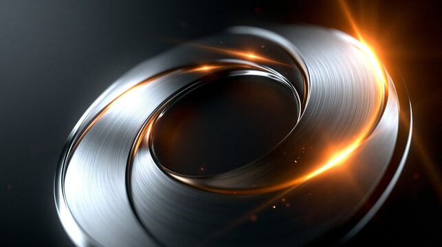 Abstraktes 3D-Rendering eines gl&auml;nzenden Metallrings mit orangen Lichtreflexen auf dunklem Hintergrund.