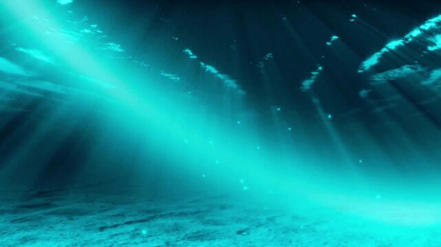 Deep blue underwater background with light rays and particles.
