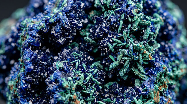 Closeup of a vibrant azurite and malachite mineral specimen with deep blue crystalline clusters and contrasting green inclusions