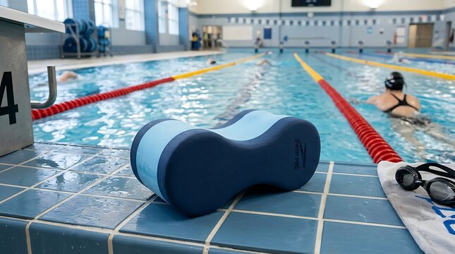 Blue Pull Buoy Training Aid on Swimming Pool Edge