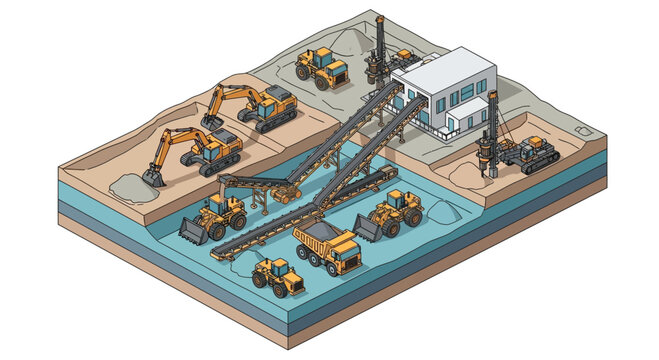 Heavy excavation and dredging construction machinery assembly.