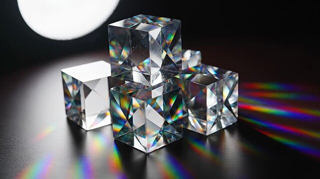 Geometric crystal cubes with refracted light on black background